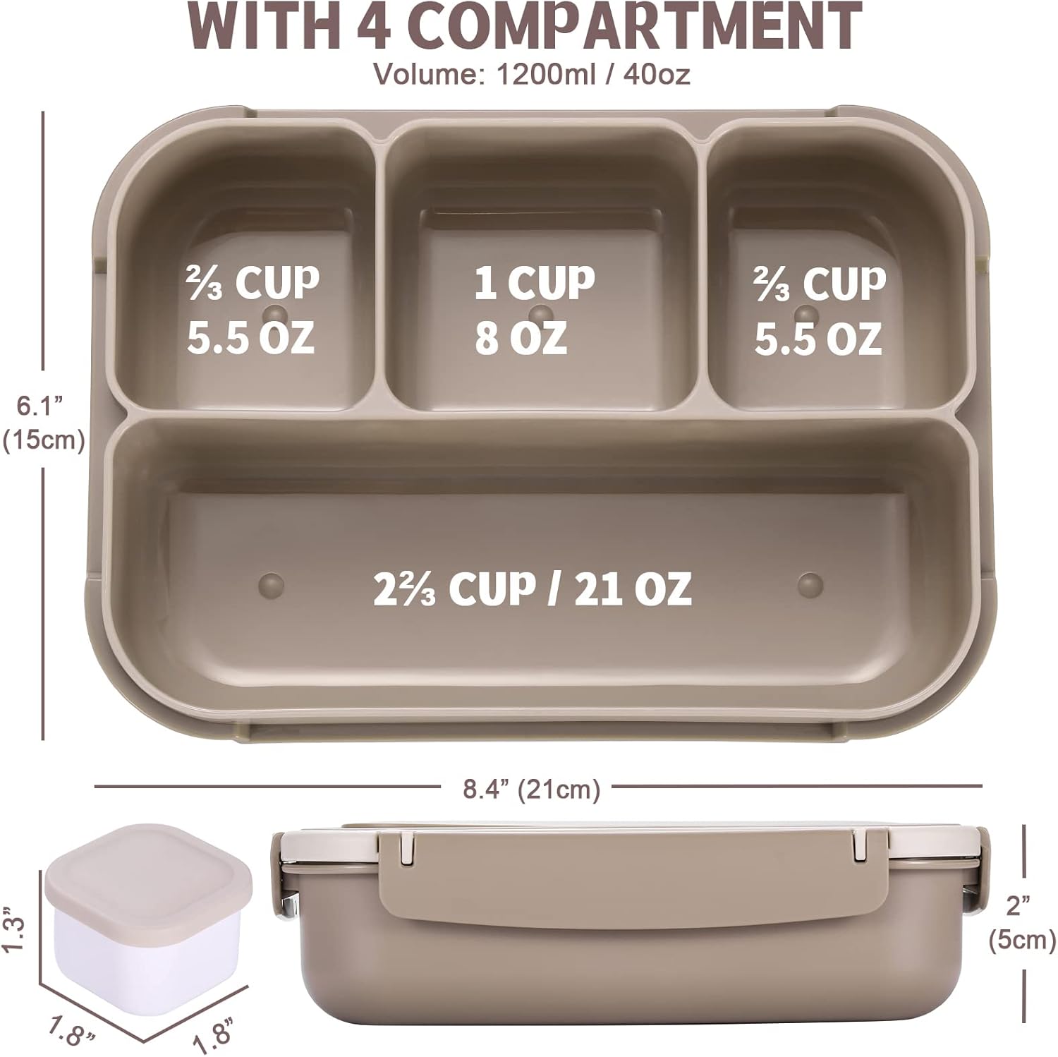 Lunch Box Containers with 4 Compartments, Lunchable Food Container with Utensils, Sauce Jar, Muffin Liners, 40 Oz/5 Cup