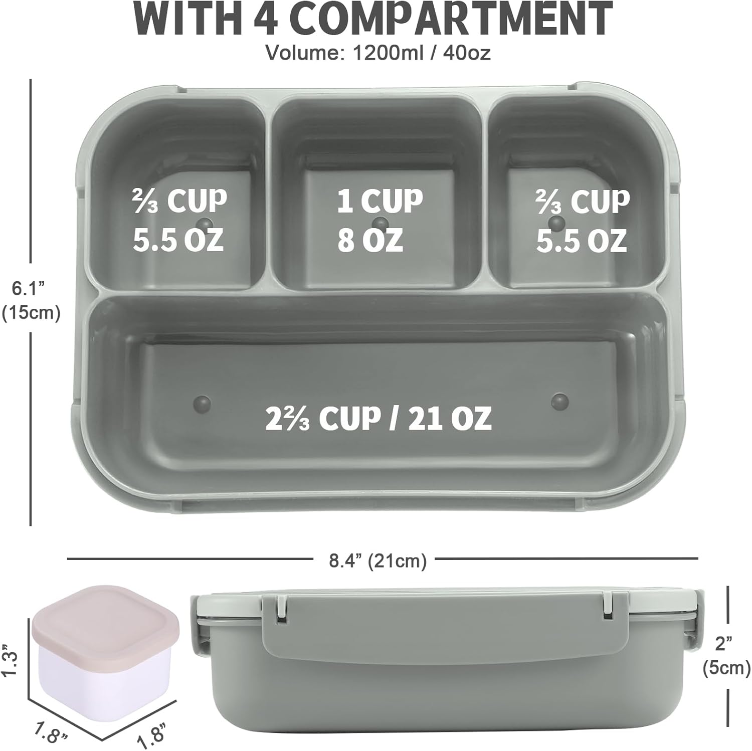 Lunch Box Containers with 4 Compartments, Lunchable Food Container with Utensils, Sauce Jar, Muffin Liners, 40 Oz/5 Cup