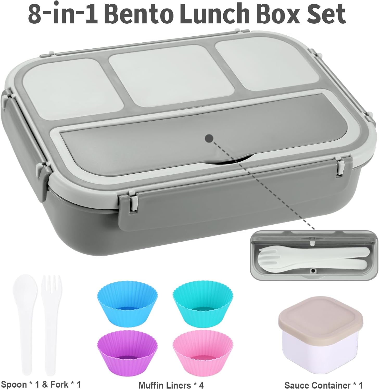 Lunch Box Containers with 4 Compartments, Lunchable Food Container with Utensils, Sauce Jar, Muffin Liners, 40 Oz/5 Cup