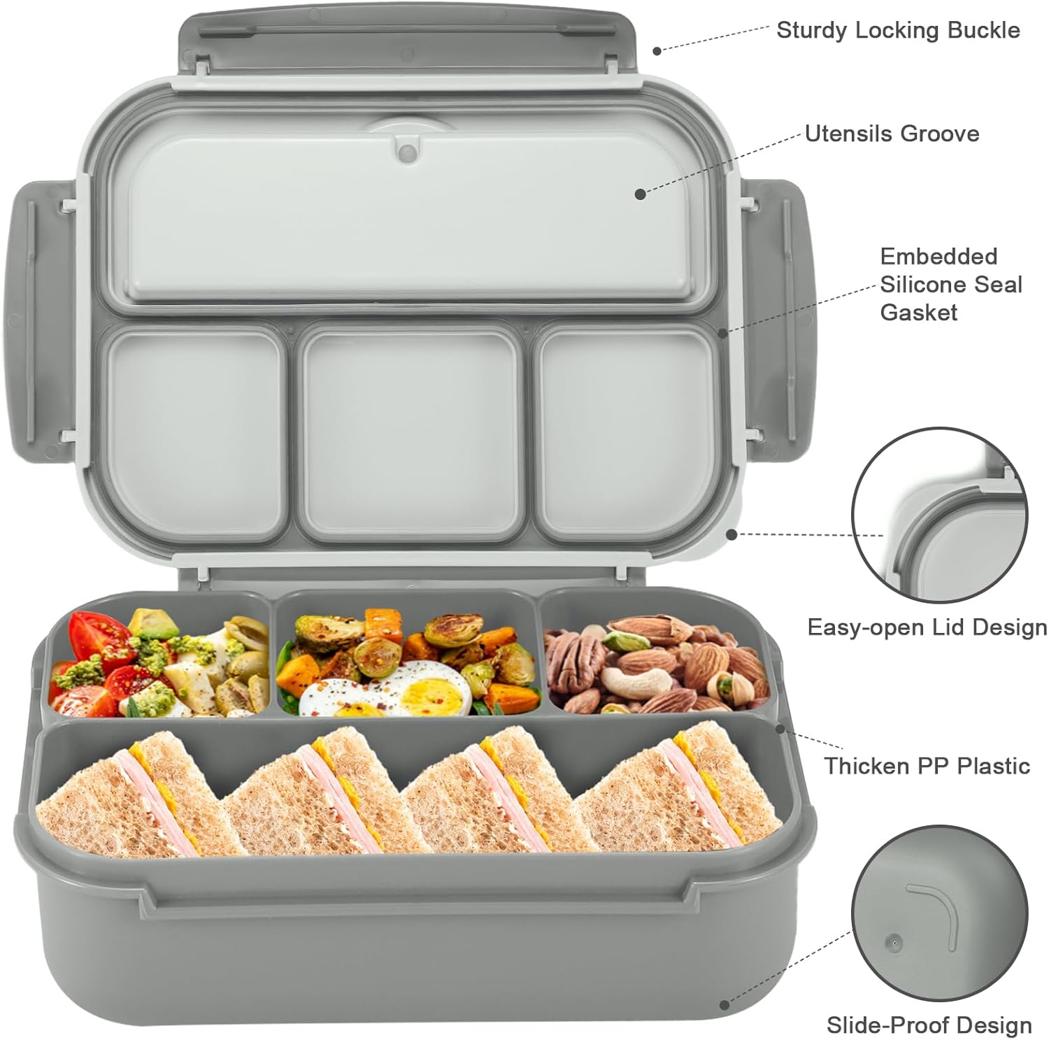 Lunch Box Containers with 4 Compartments, Lunchable Food Container with Utensils, Sauce Jar, Muffin Liners, 40 Oz/5 Cup