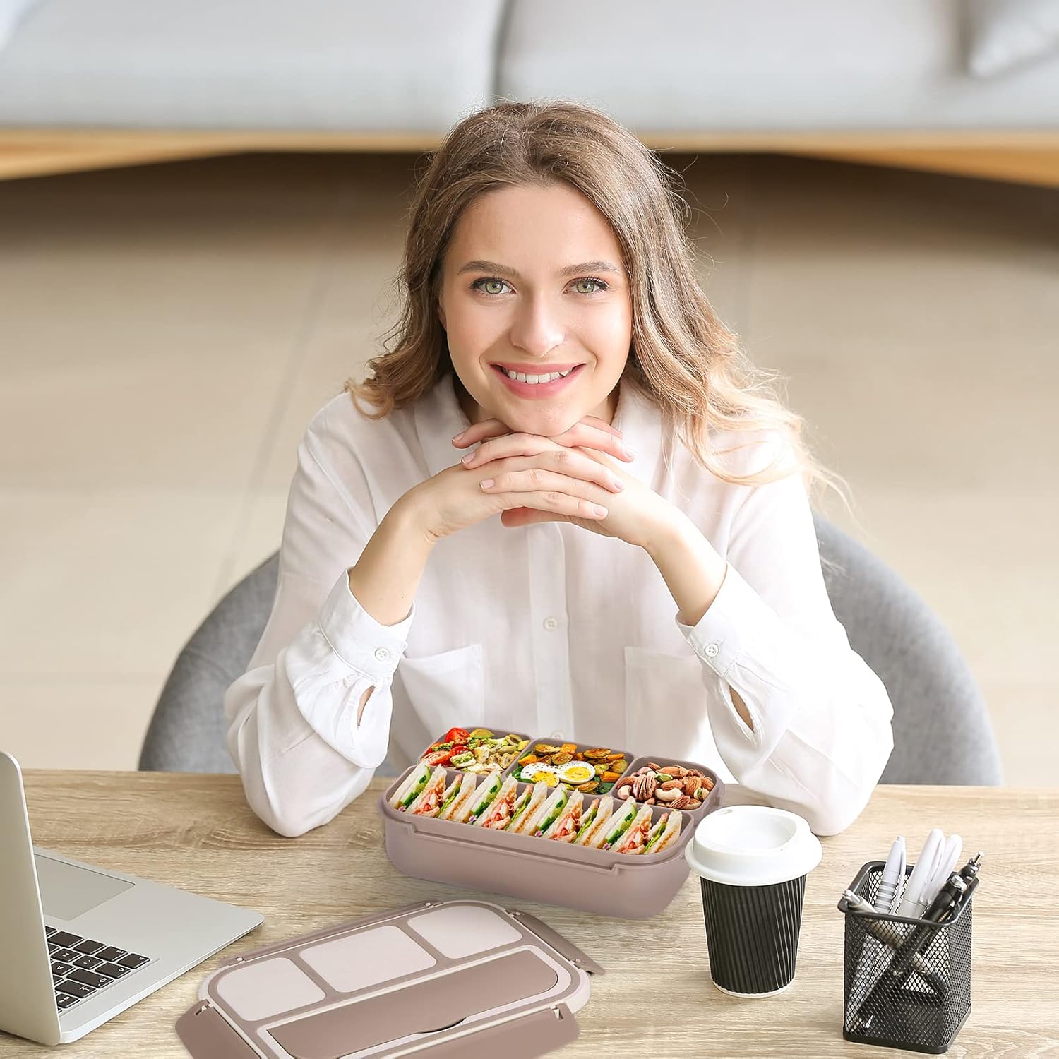 Lunch Box Containers with 4 Compartments, Lunchable Food Container with Utensils, Sauce Jar, Muffin Liners, 40 Oz/5 Cup