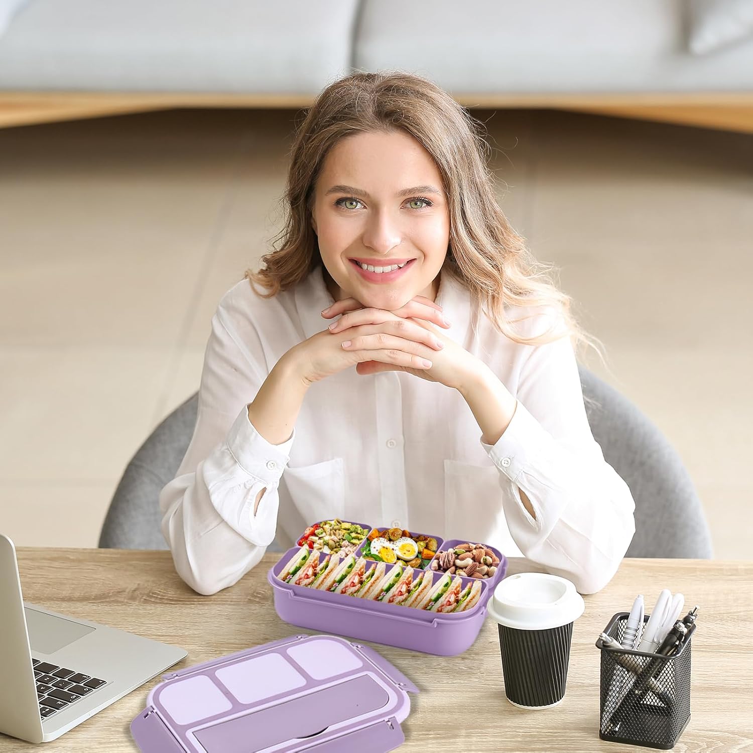 Lunch Box Containers with 4 Compartments, Lunchable Food Container with Utensils, Sauce Jar, Muffin Liners, 40 Oz/5 Cup