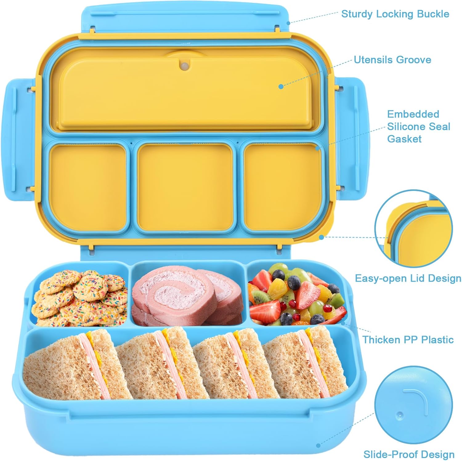 Lunch Box Containers with 4 Compartments, Lunchable Food Container with Utensils, Sauce Jar, Muffin Liners, 40 Oz/5 Cup