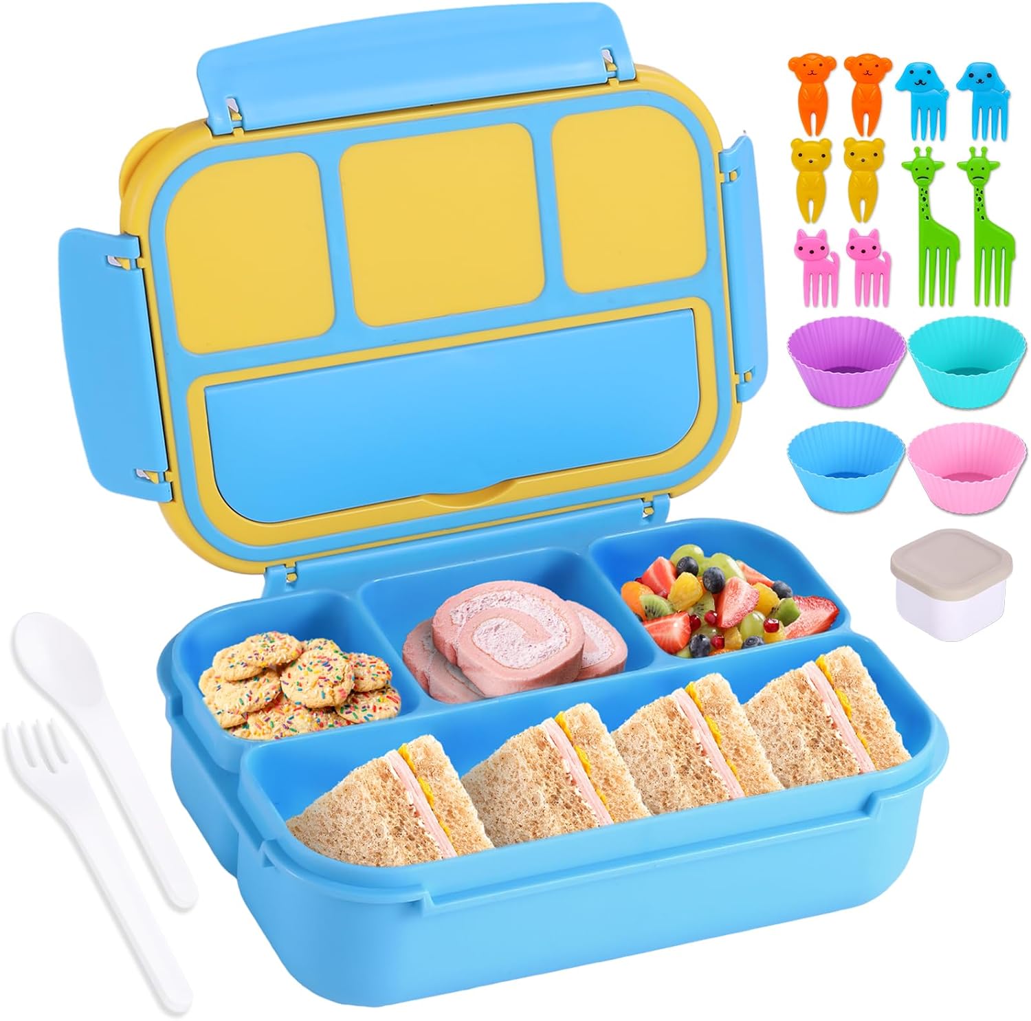 Lunch Box Containers with 4 Compartments, Lunchable Food Container with Utensils, Sauce Jar, Muffin Liners, 40 Oz/5 Cup