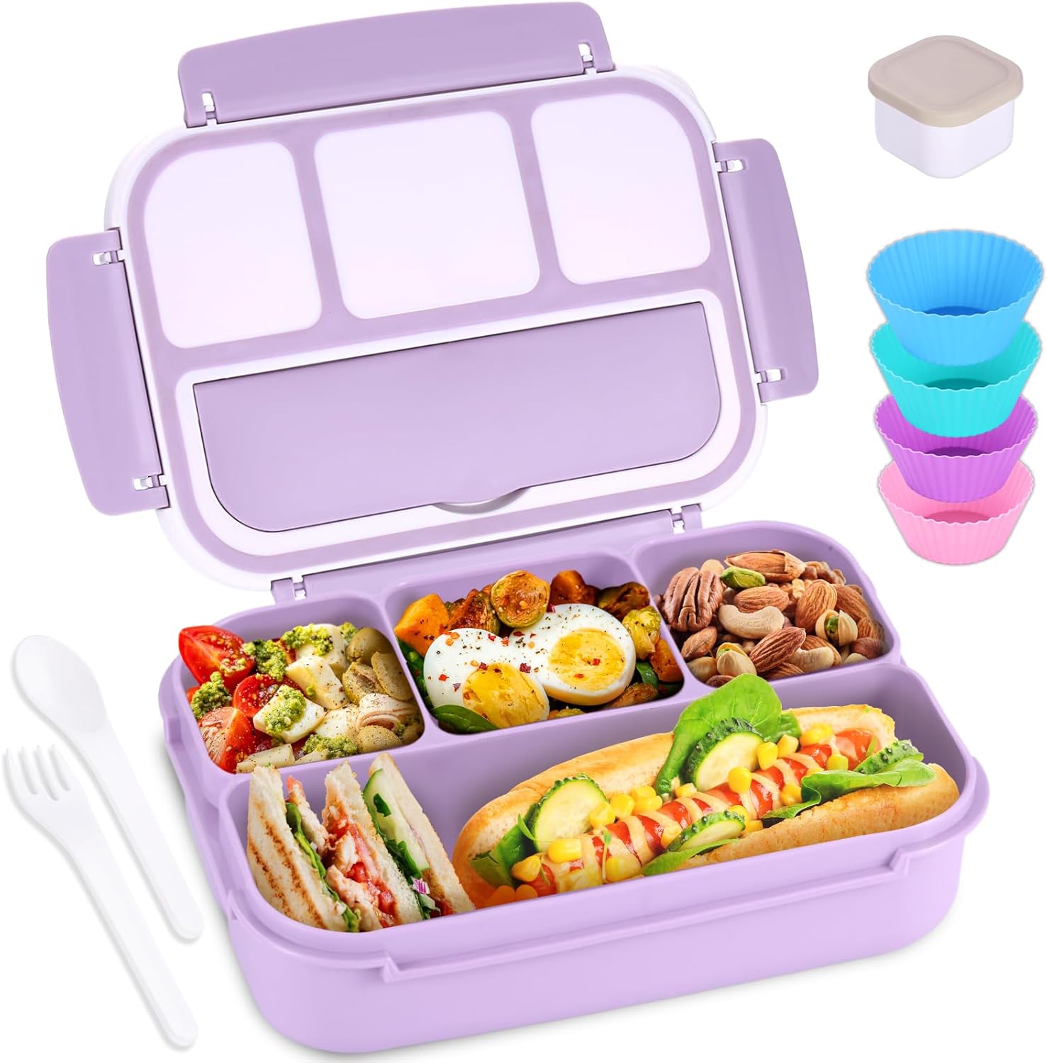 Lunch Box Containers with 4 Compartments, Lunchable Food Container with Utensils, Sauce Jar, Muffin Liners, 40 Oz/5 Cup