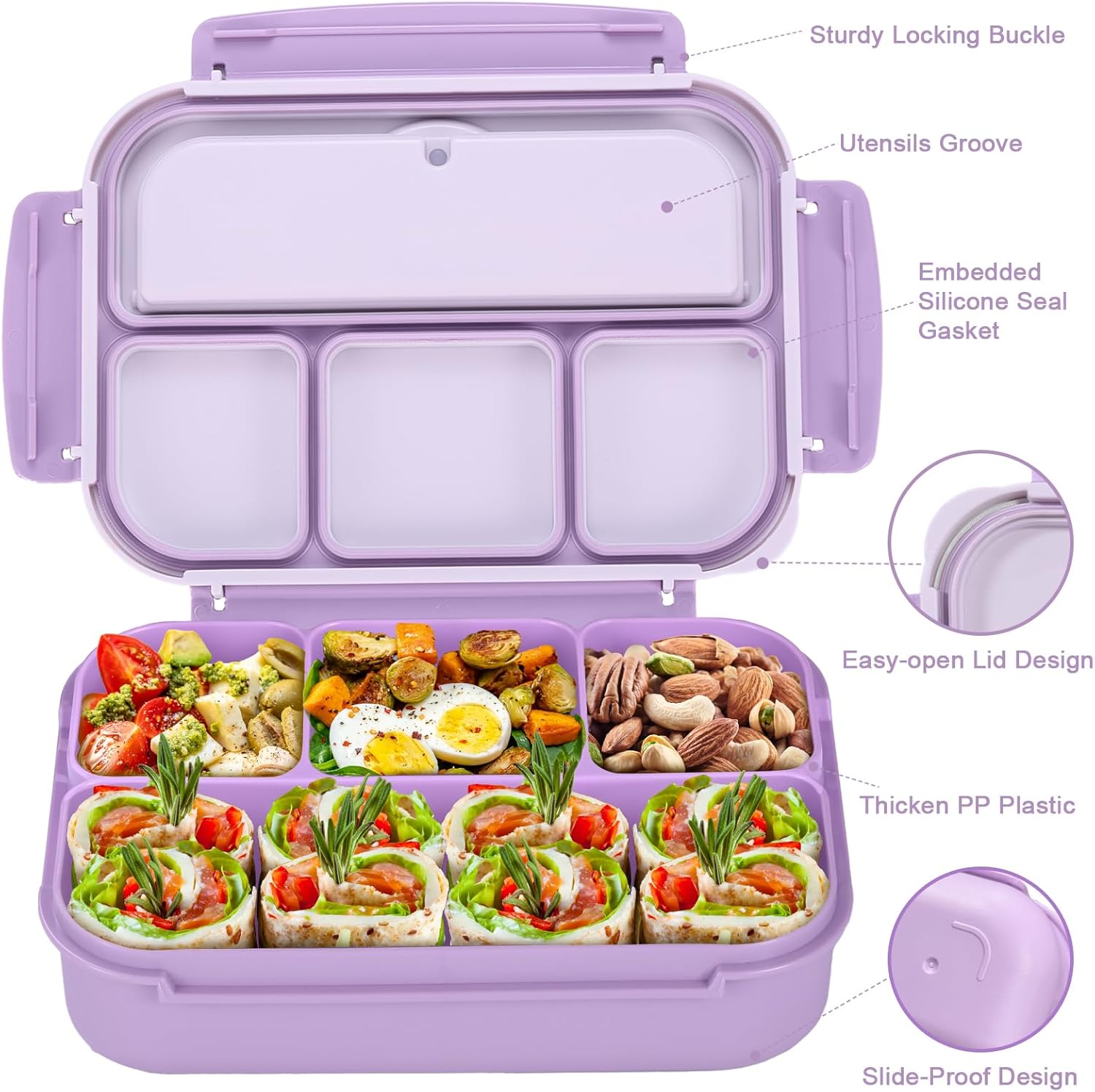 Lunch Box Containers with 4 Compartments, Lunchable Food Container with Utensils, Sauce Jar, Muffin Liners, 40 Oz/5 Cup