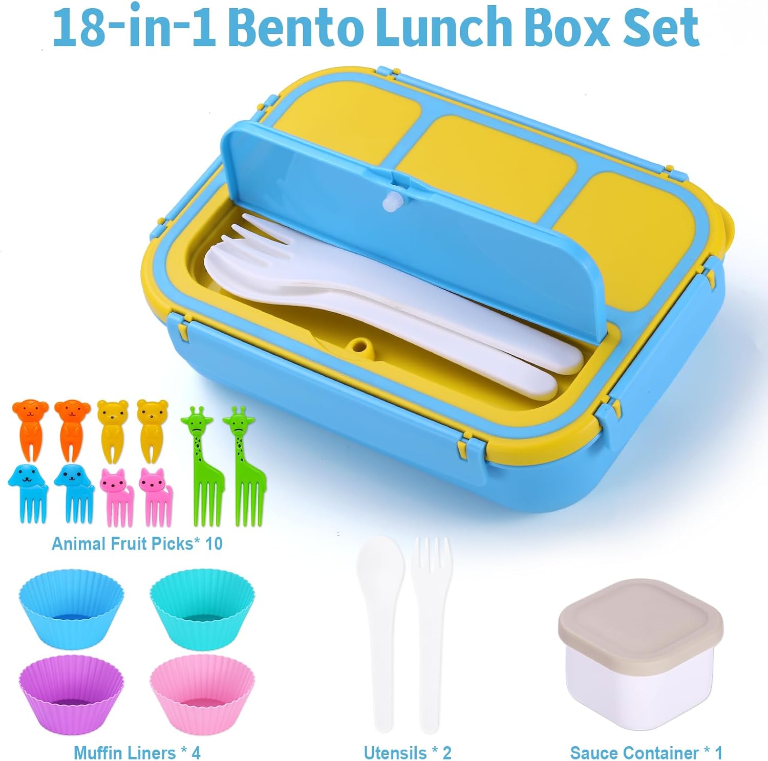 Lunch Box Containers with 4 Compartments, Lunchable Food Container with Utensils, Sauce Jar, Muffin Liners, 40 Oz/5 Cup