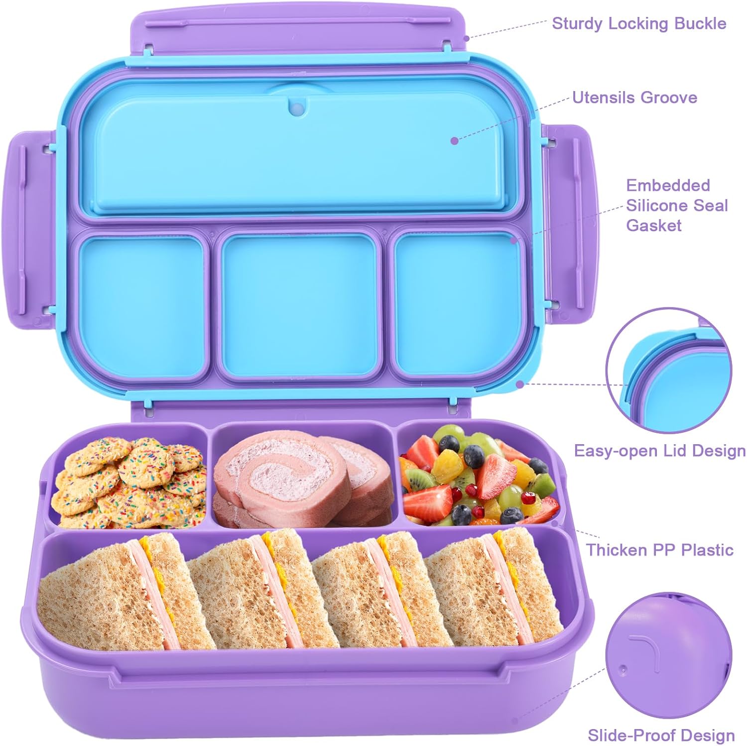 Lunch Box Containers with 4 Compartments, Lunchable Food Container with Utensils, Sauce Jar, Muffin Liners, 40 Oz/5 Cup
