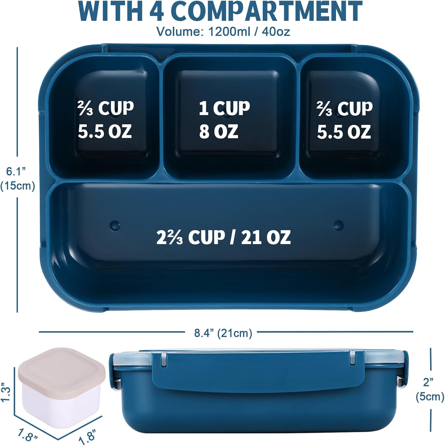 Lunch Box Containers with 4 Compartments, Lunchable Food Container with Utensils, Sauce Jar, Muffin Liners, 40 Oz/5 Cup
