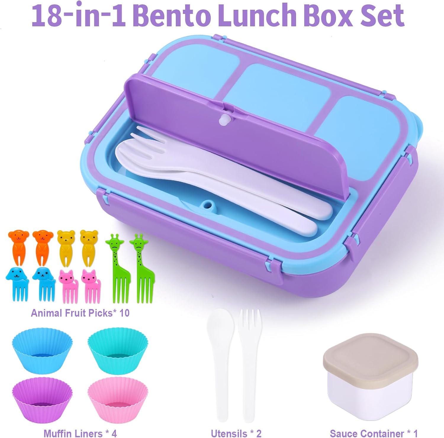 Lunch Box Containers with 4 Compartments, Lunchable Food Container with Utensils, Sauce Jar, Muffin Liners, 40 Oz/5 Cup