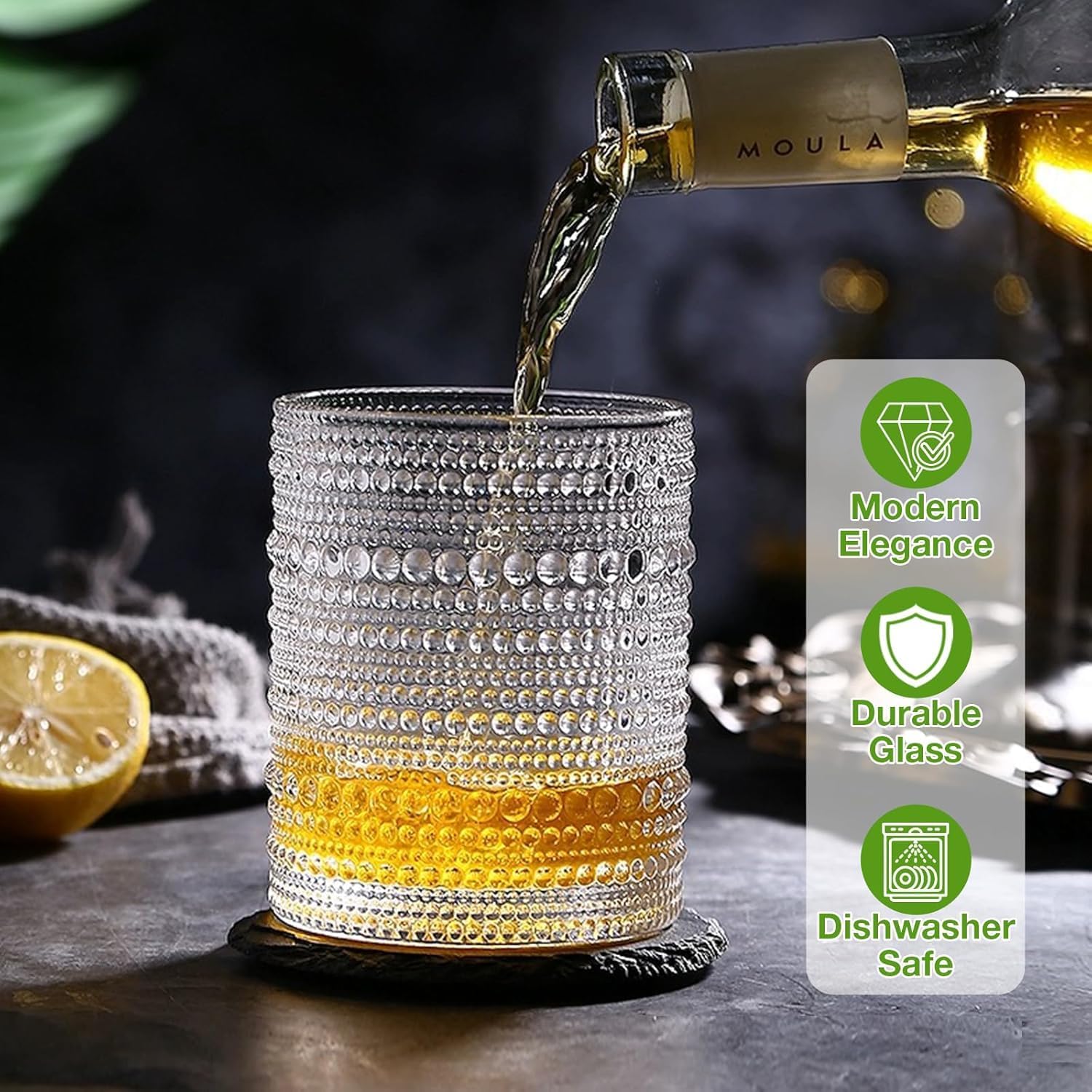 Multi-purpose Vintage Hobnail Drinking Glasses Set ( 8 exquisite water glasses: 4 pcs 12 oz water glass cups & 4 pcs 10 oz cocktail glasses )
