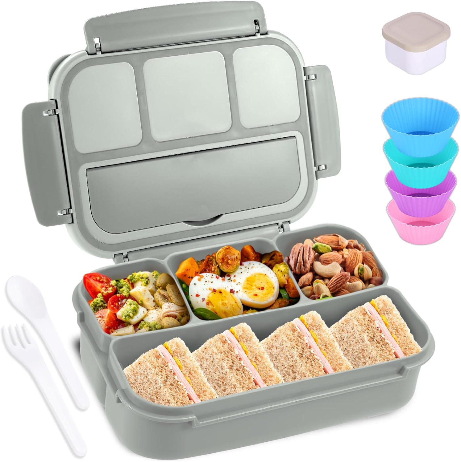Lunch Box Containers with 4 Compartments, Lunchable Food Container with Utensils, Sauce Jar, Muffin Liners, 40 Oz/5 Cup