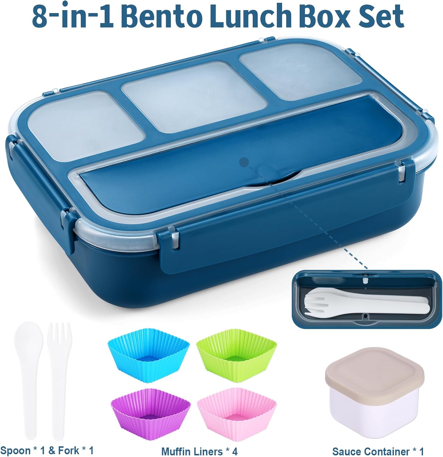 Lunch Box Containers with 4 Compartments, Lunchable Food Container with Utensils, Sauce Jar, Muffin Liners, 40 Oz/5 Cup