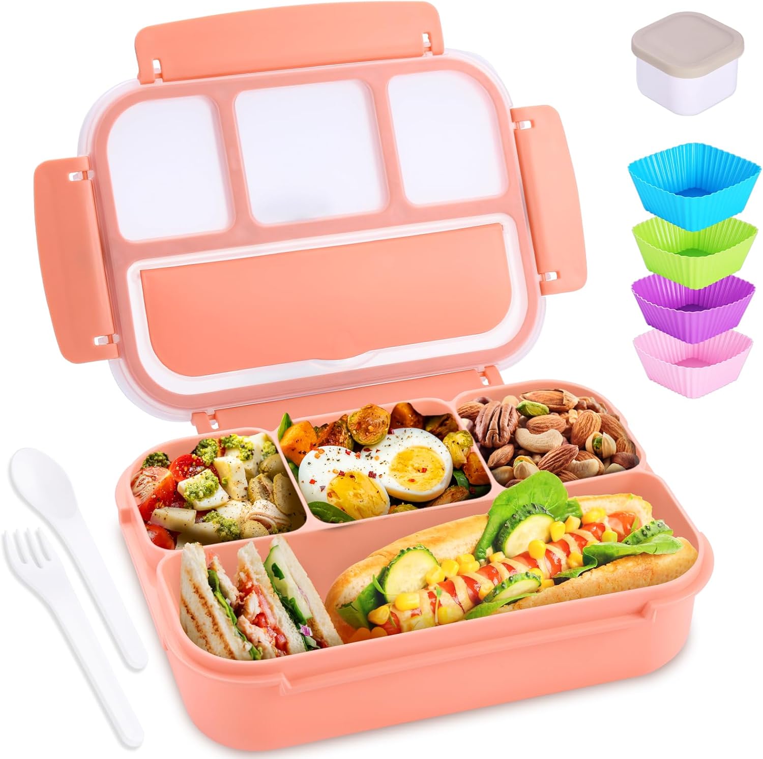 Lunch Box Containers with 4 Compartments, Lunchable Food Container with Utensils, Sauce Jar, Muffin Liners, 40 Oz/5 Cup