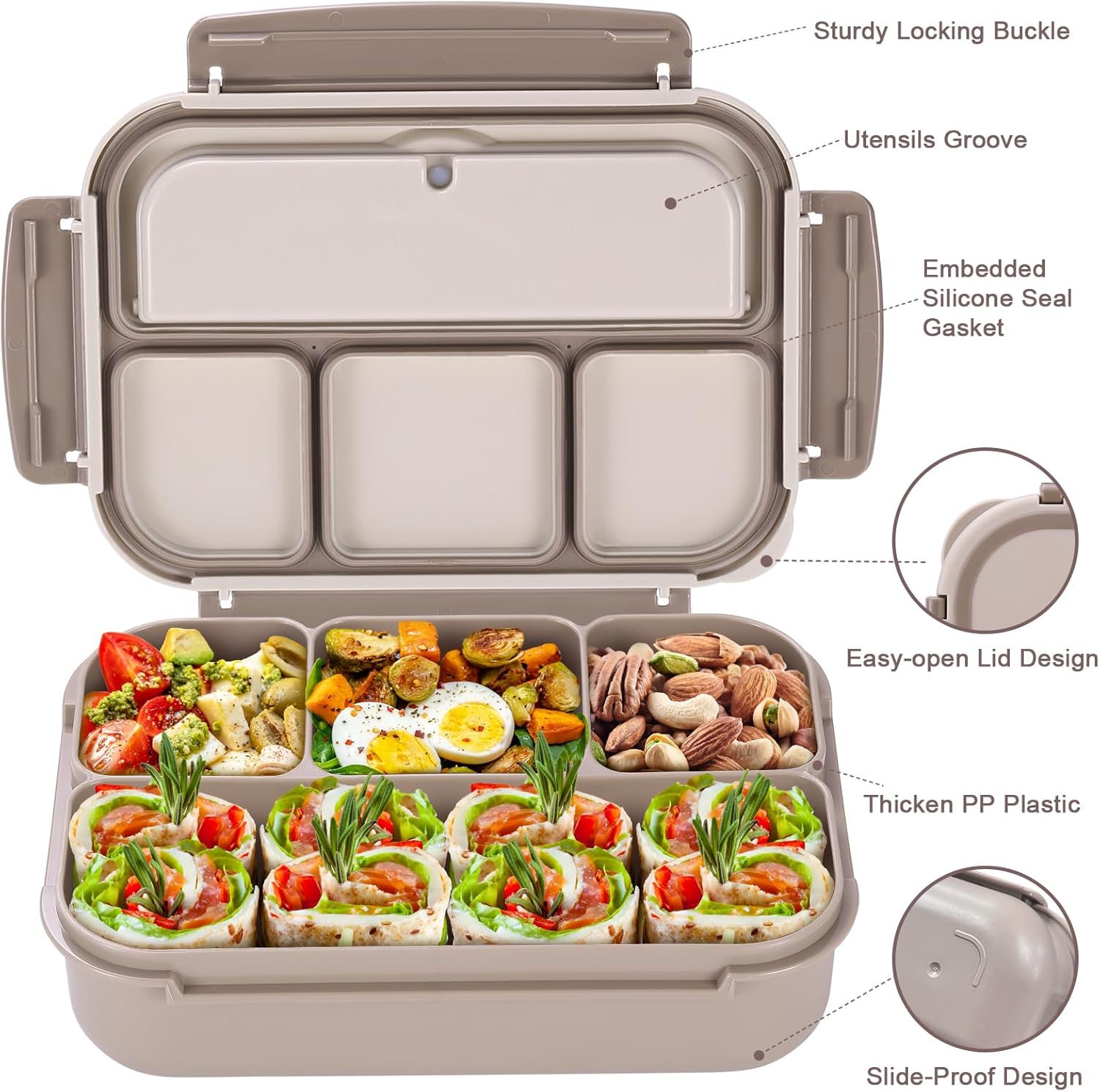 Lunch Box Containers with 4 Compartments, Lunchable Food Container with Utensils, Sauce Jar, Muffin Liners, 40 Oz/5 Cup