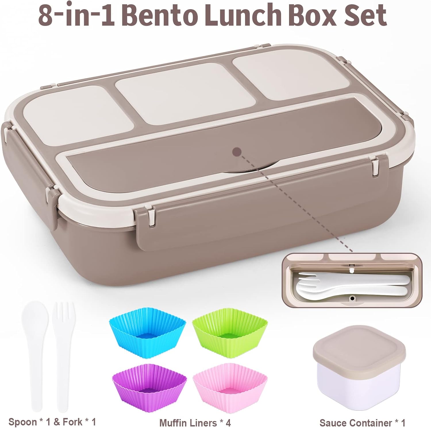 Lunch Box Containers with 4 Compartments, Lunchable Food Container with Utensils, Sauce Jar, Muffin Liners, 40 Oz/5 Cup
