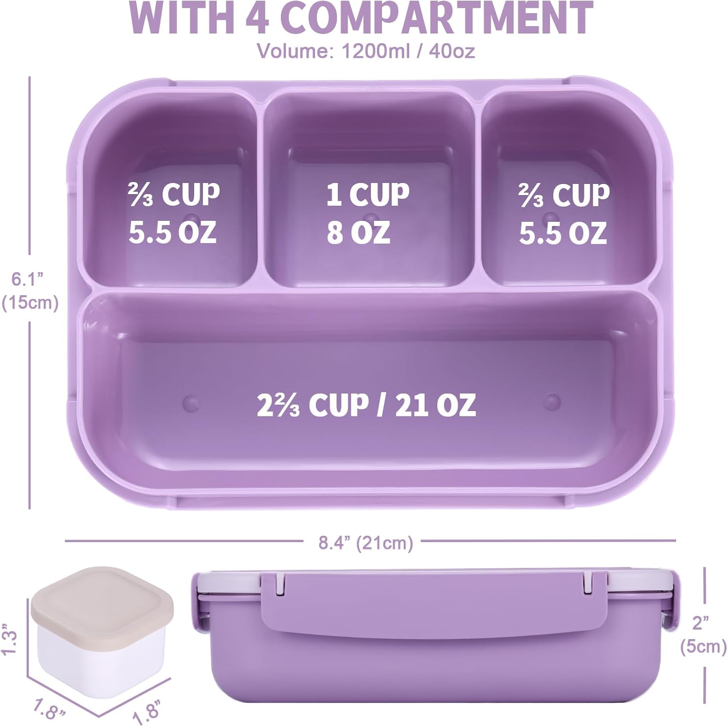 Lunch Box Containers with 4 Compartments, Lunchable Food Container with Utensils, Sauce Jar, Muffin Liners, 40 Oz/5 Cup