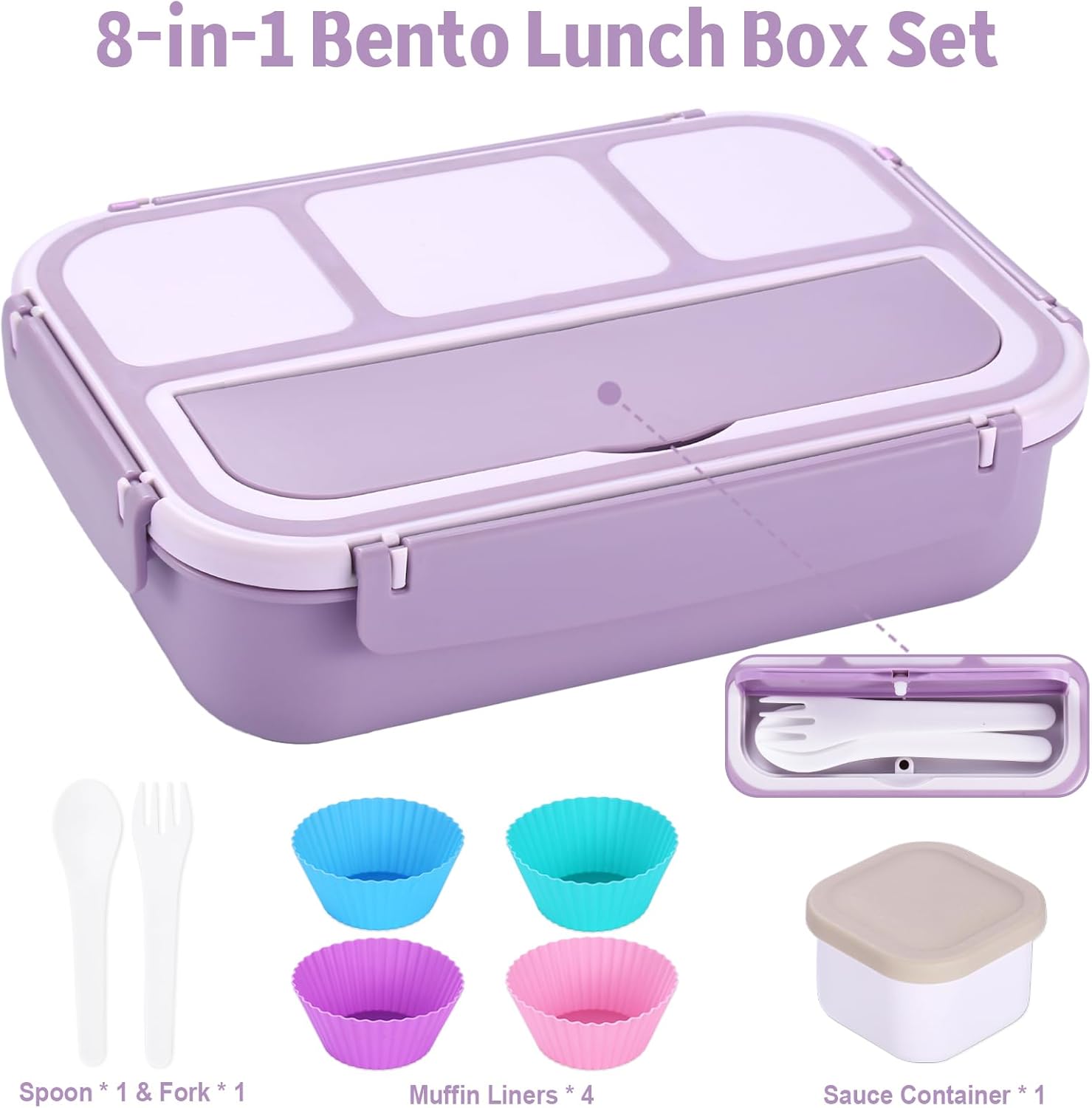 Lunch Box Containers with 4 Compartments, Lunchable Food Container with Utensils, Sauce Jar, Muffin Liners, 40 Oz/5 Cup