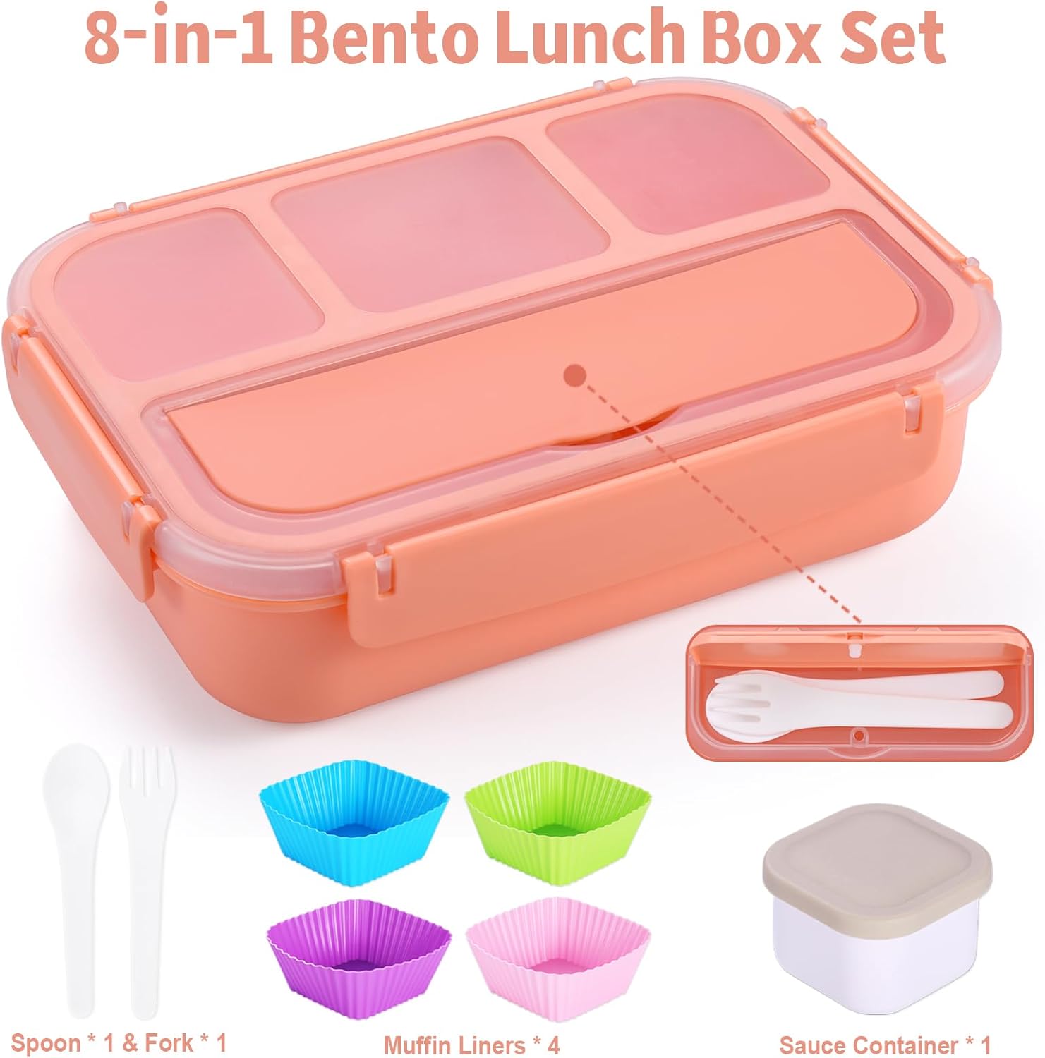 Lunch Box Containers with 4 Compartments, Lunchable Food Container with Utensils, Sauce Jar, Muffin Liners, 40 Oz/5 Cup