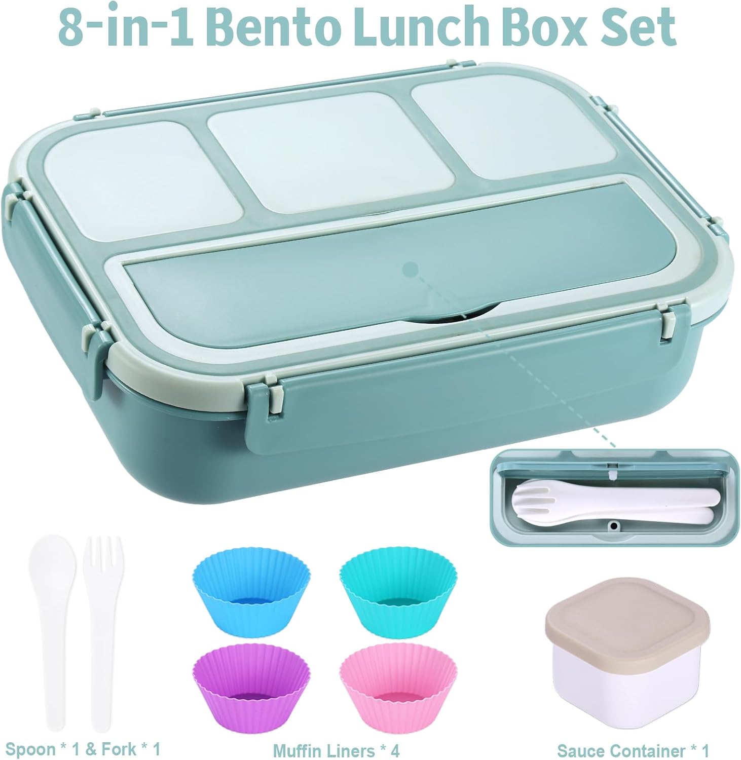 Lunch Box Containers with 4 Compartments, Lunchable Food Container with Utensils, Sauce Jar, Muffin Liners, 40 Oz/5 Cup