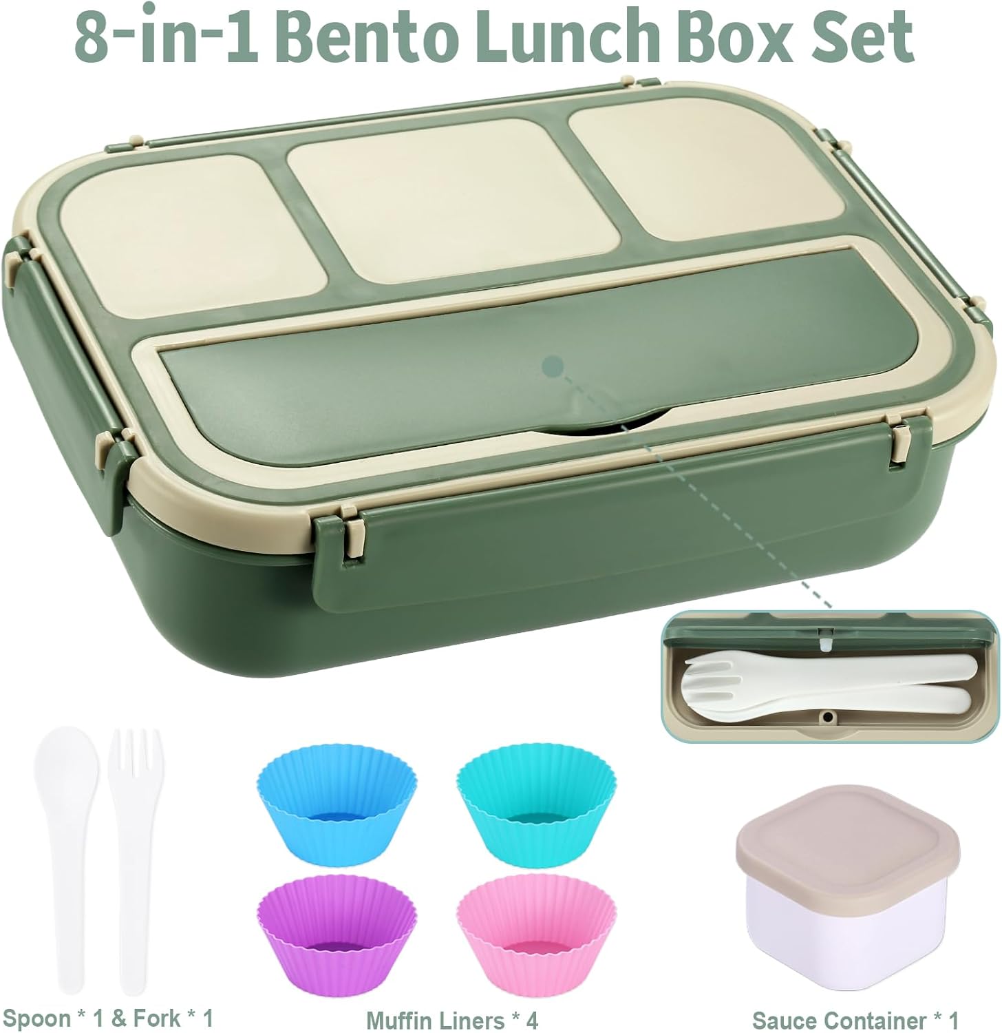 Lunch Box Containers with 4 Compartments, Lunchable Food Container with Utensils, Sauce Jar, Muffin Liners, 40 Oz/5 Cup