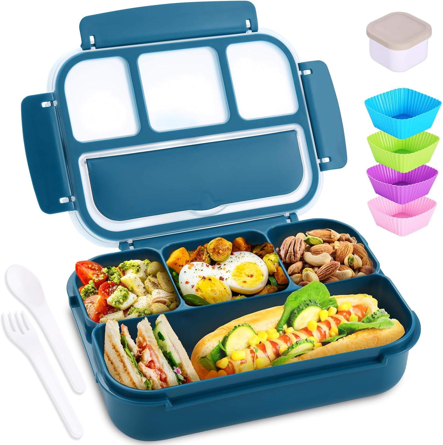 Lunch Box Containers with 4 Compartments, Lunchable Food Container with Utensils, Sauce Jar, Muffin Liners, 40 Oz/5 Cup