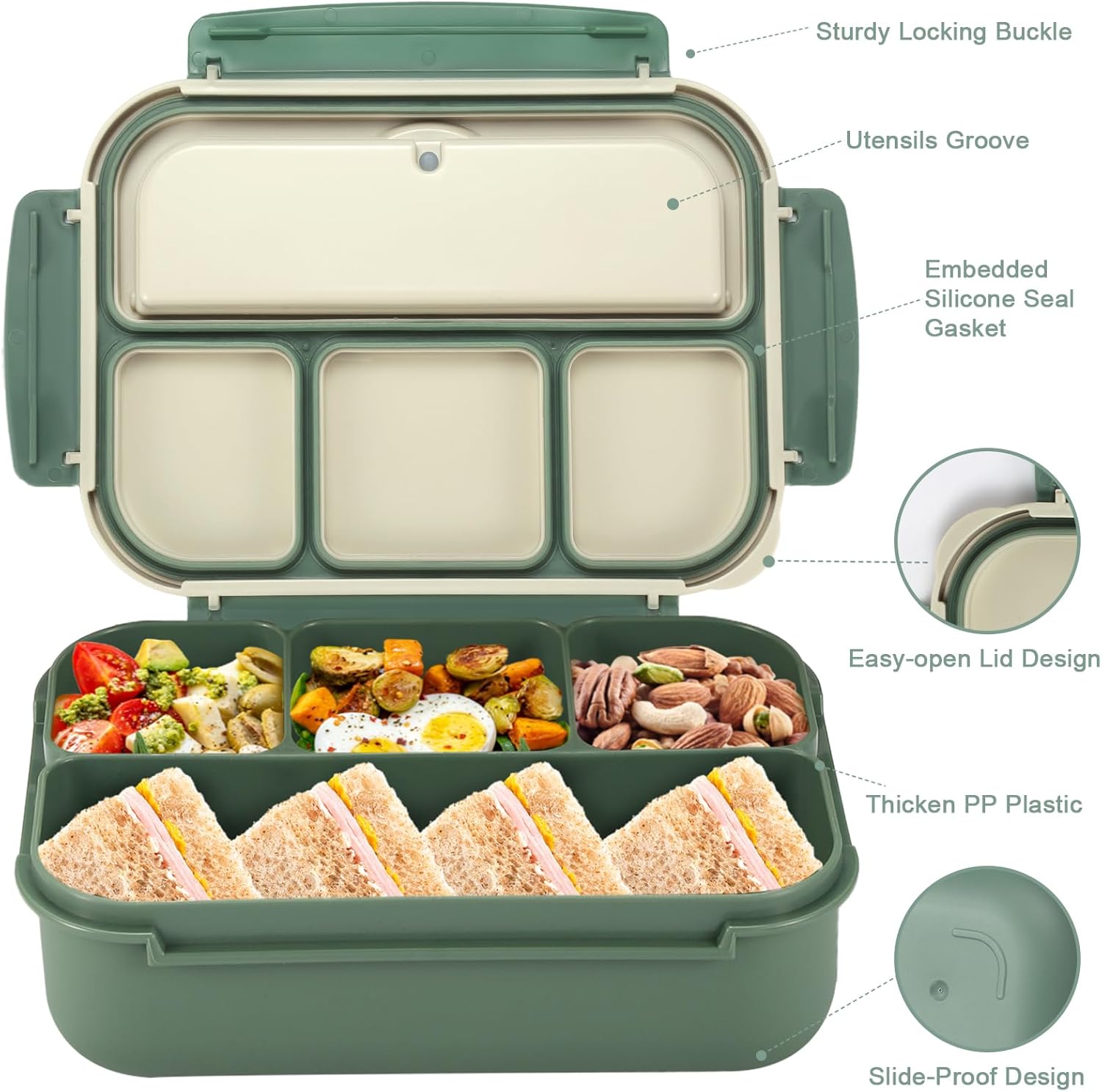 Lunch Box Containers with 4 Compartments, Lunchable Food Container with Utensils, Sauce Jar, Muffin Liners, 40 Oz/5 Cup