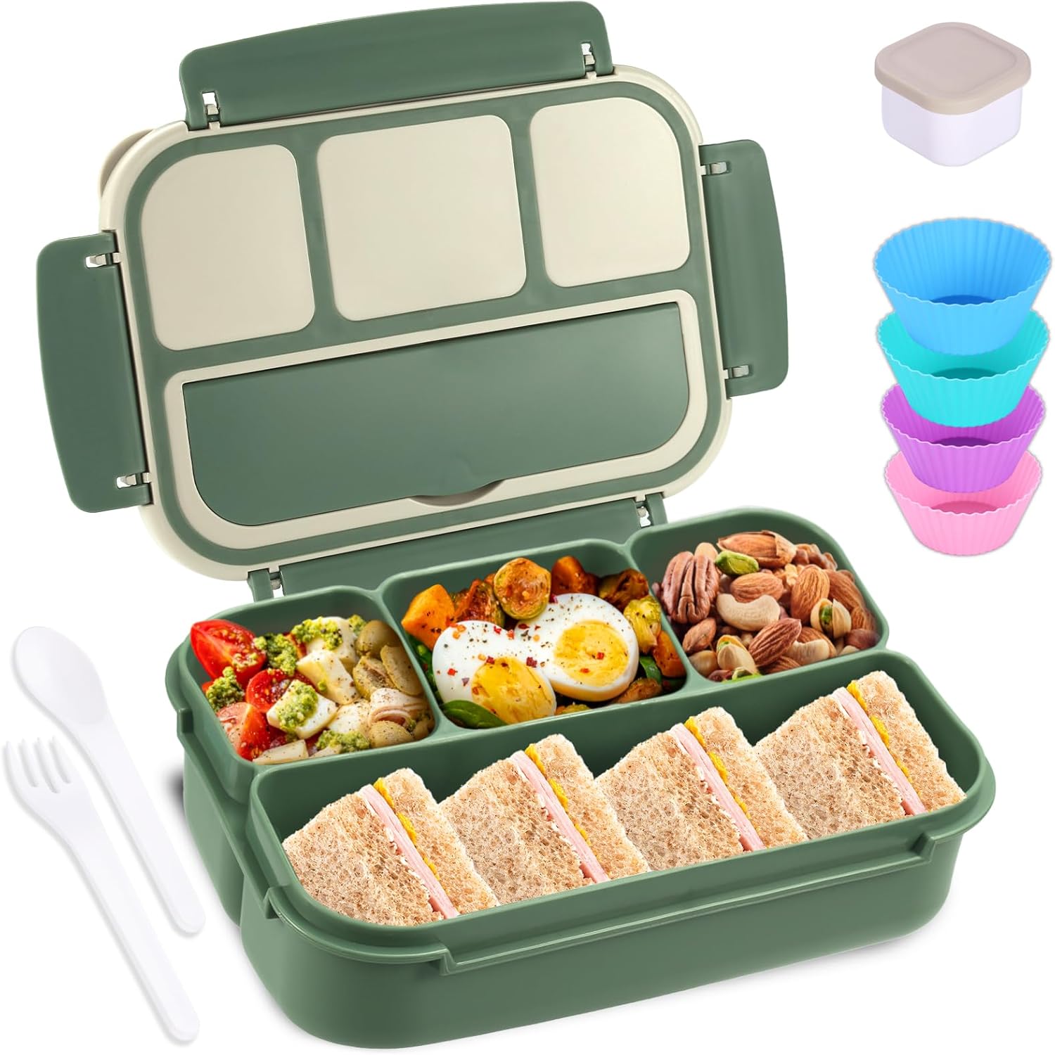 Lunch Box Containers with 4 Compartments, Lunchable Food Container with Utensils, Sauce Jar, Muffin Liners, 40 Oz/5 Cup