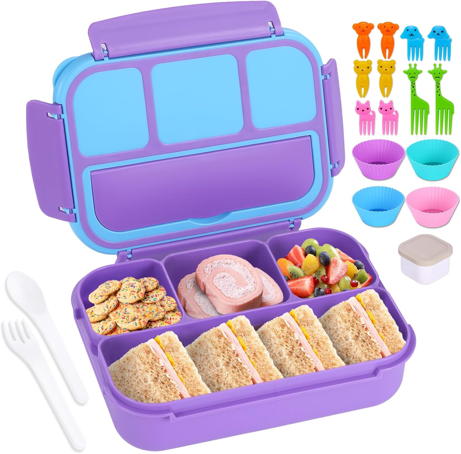 Lunch Box Containers with 4 Compartments, Lunchable Food Container with Utensils, Sauce Jar, Muffin Liners, 40 Oz/5 Cup