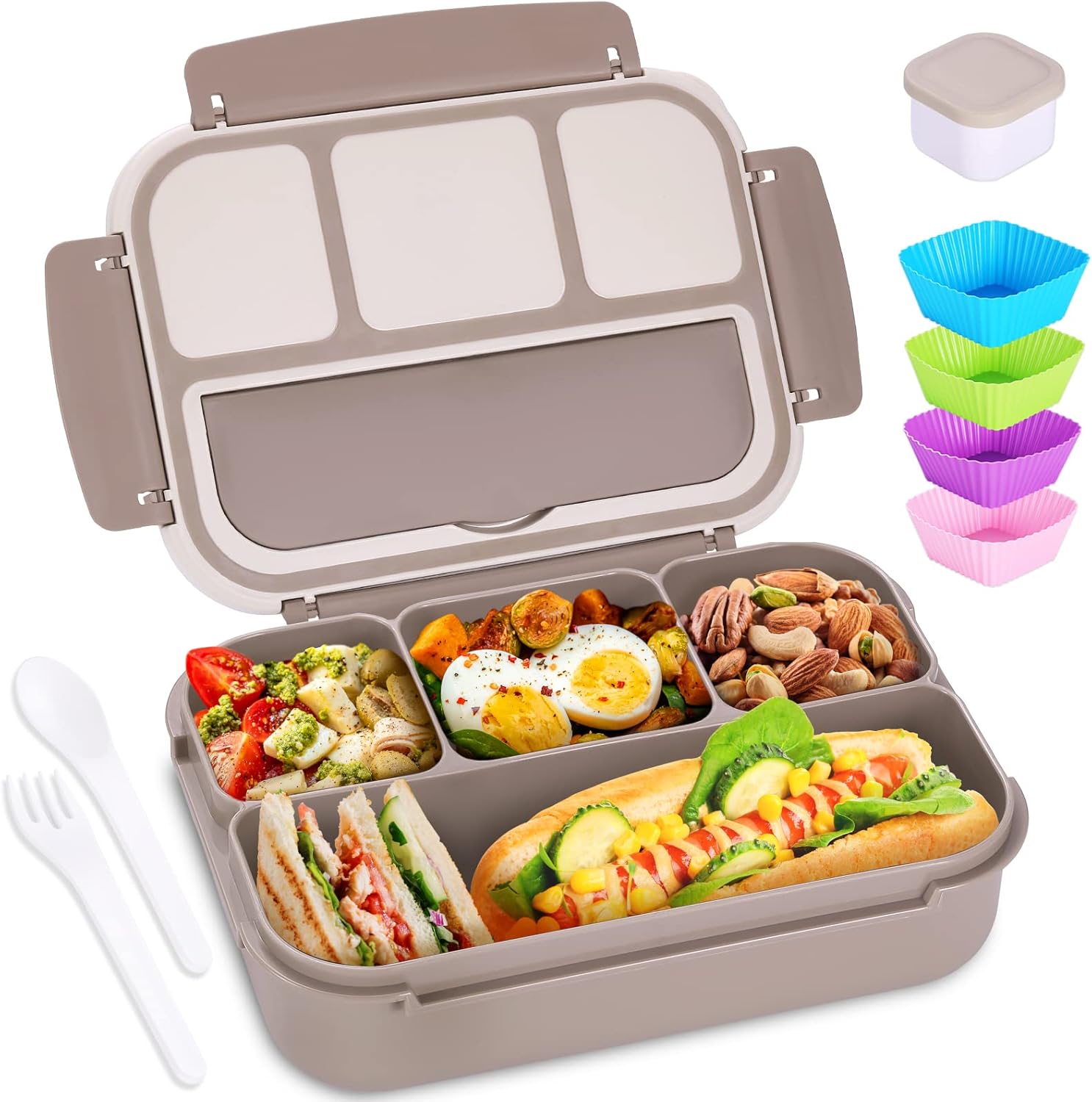 Lunch Box Containers with 4 Compartments, Lunchable Food Container with Utensils, Sauce Jar, Muffin Liners, 40 Oz/5 Cup