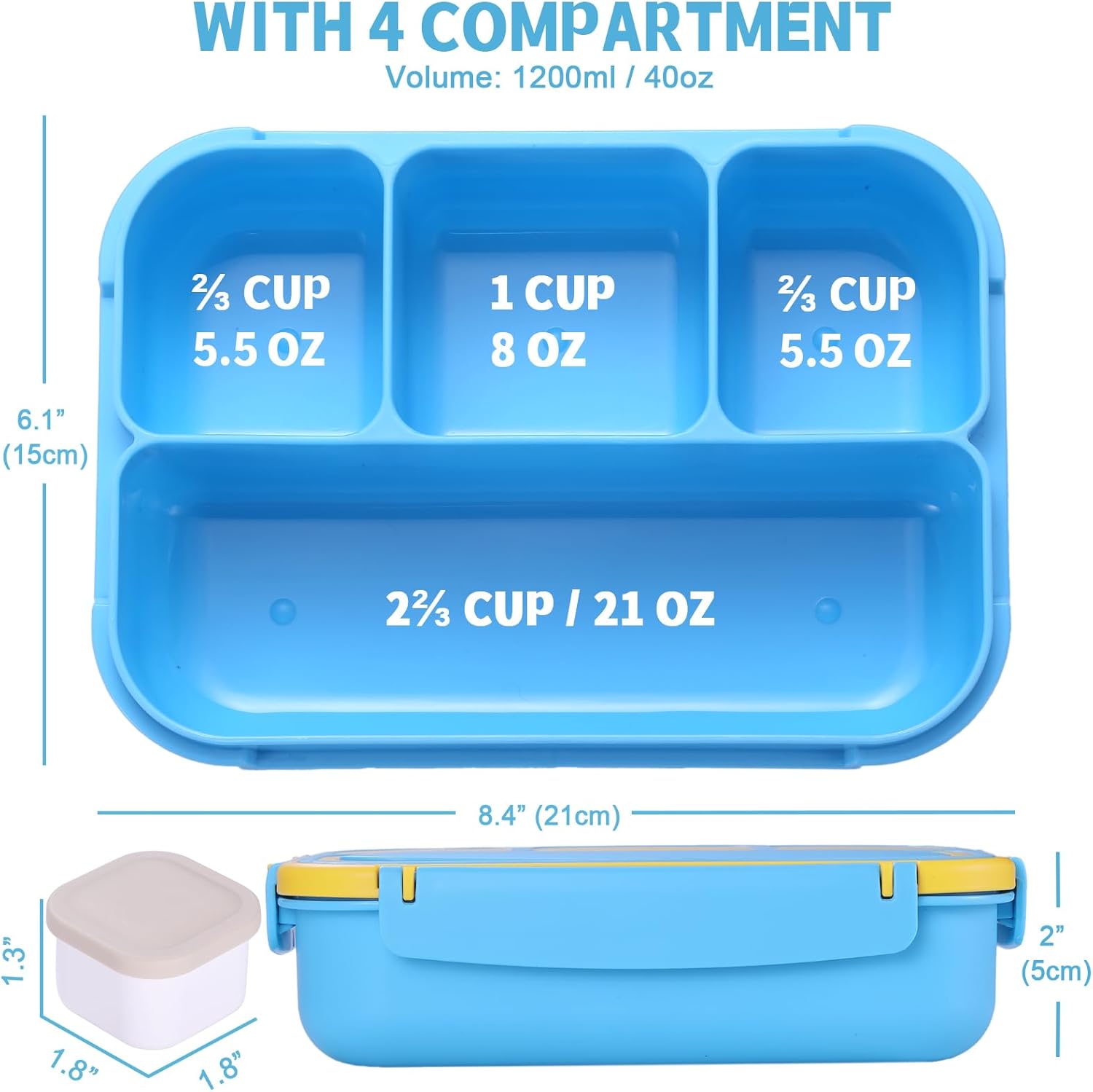 Lunch Box Containers with 4 Compartments, Lunchable Food Container with Utensils, Sauce Jar, Muffin Liners, 40 Oz/5 Cup
