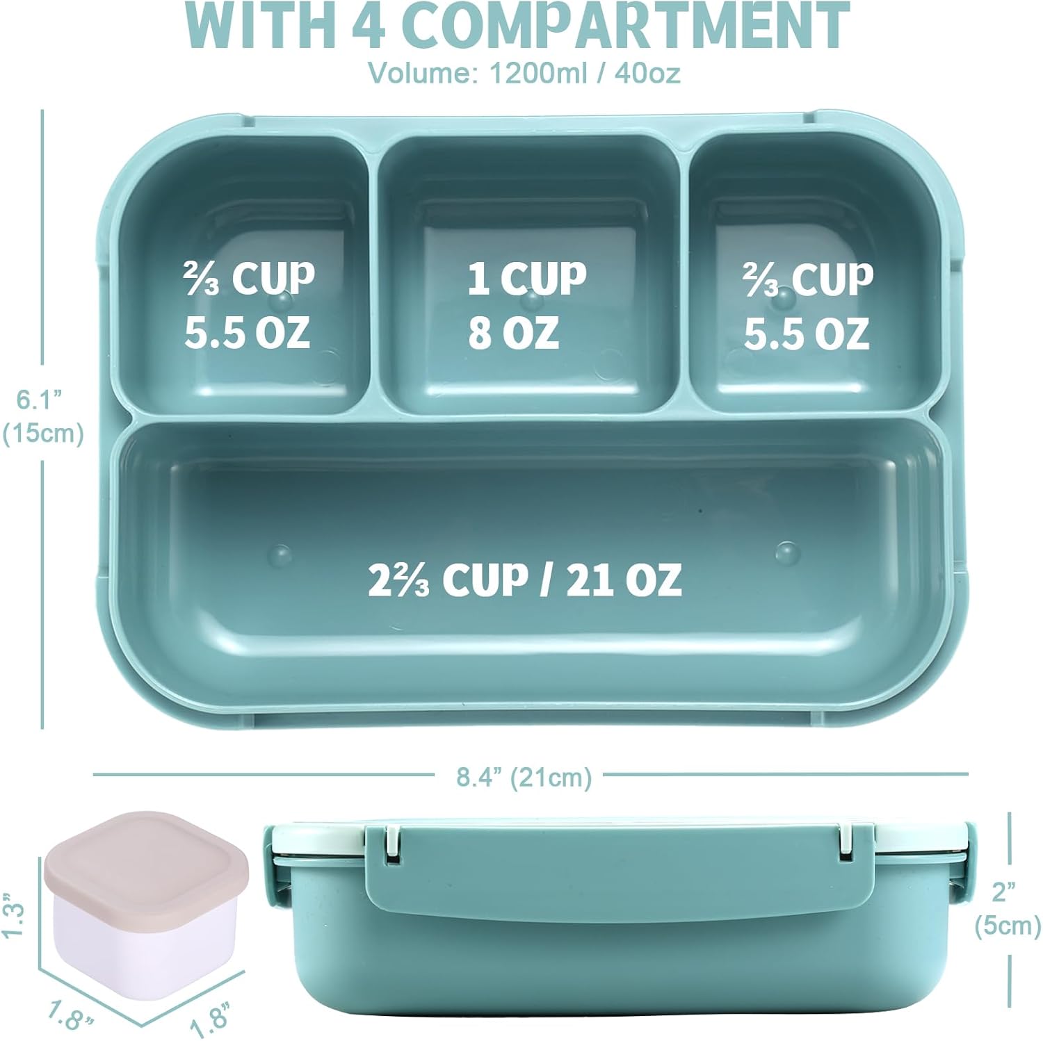 Lunch Box Containers with 4 Compartments, Lunchable Food Container with Utensils, Sauce Jar, Muffin Liners, 40 Oz/5 Cup
