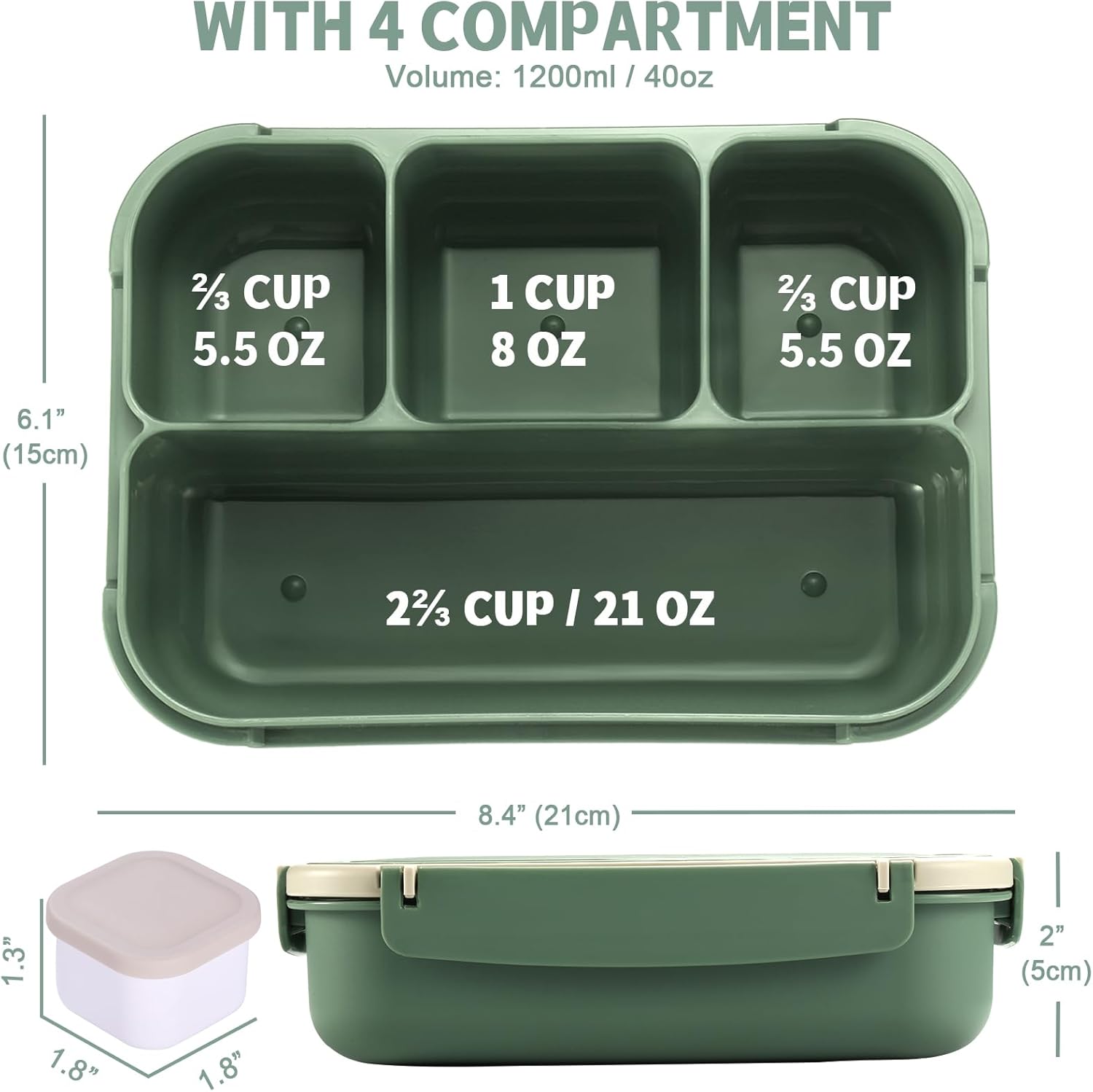 Lunch Box Containers with 4 Compartments, Lunchable Food Container with Utensils, Sauce Jar, Muffin Liners, 40 Oz/5 Cup