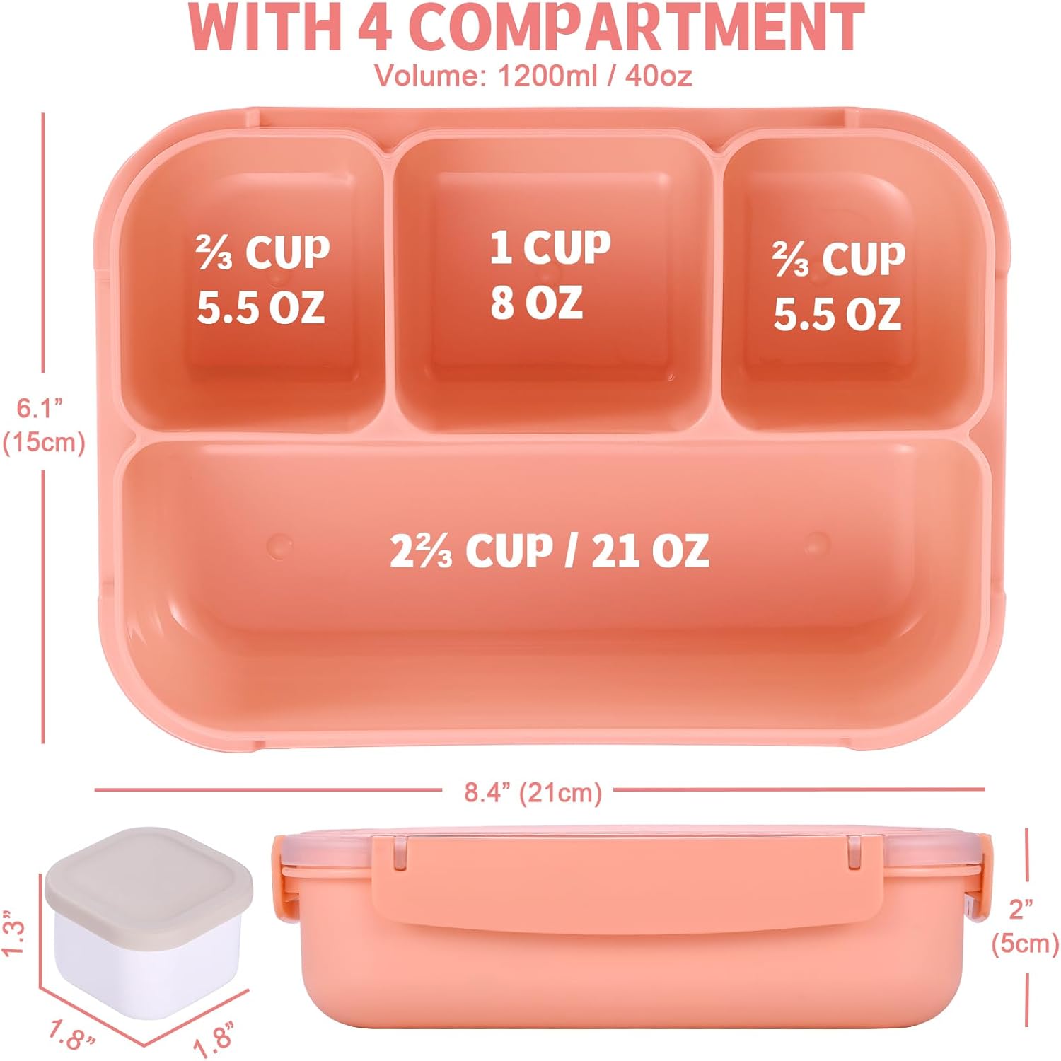 Lunch Box Containers with 4 Compartments, Lunchable Food Container with Utensils, Sauce Jar, Muffin Liners, 40 Oz/5 Cup