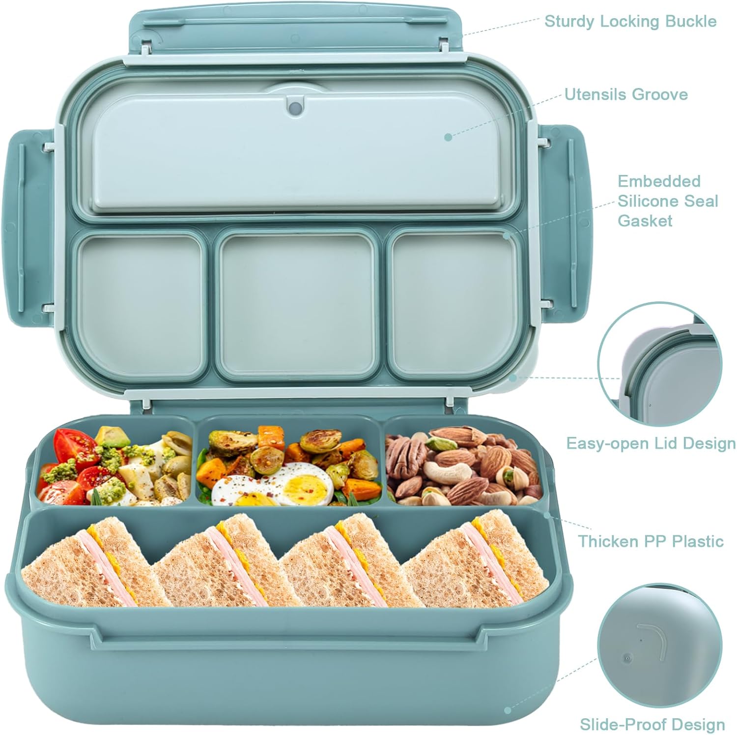 Lunch Box Containers with 4 Compartments, Lunchable Food Container with Utensils, Sauce Jar, Muffin Liners, 40 Oz/5 Cup