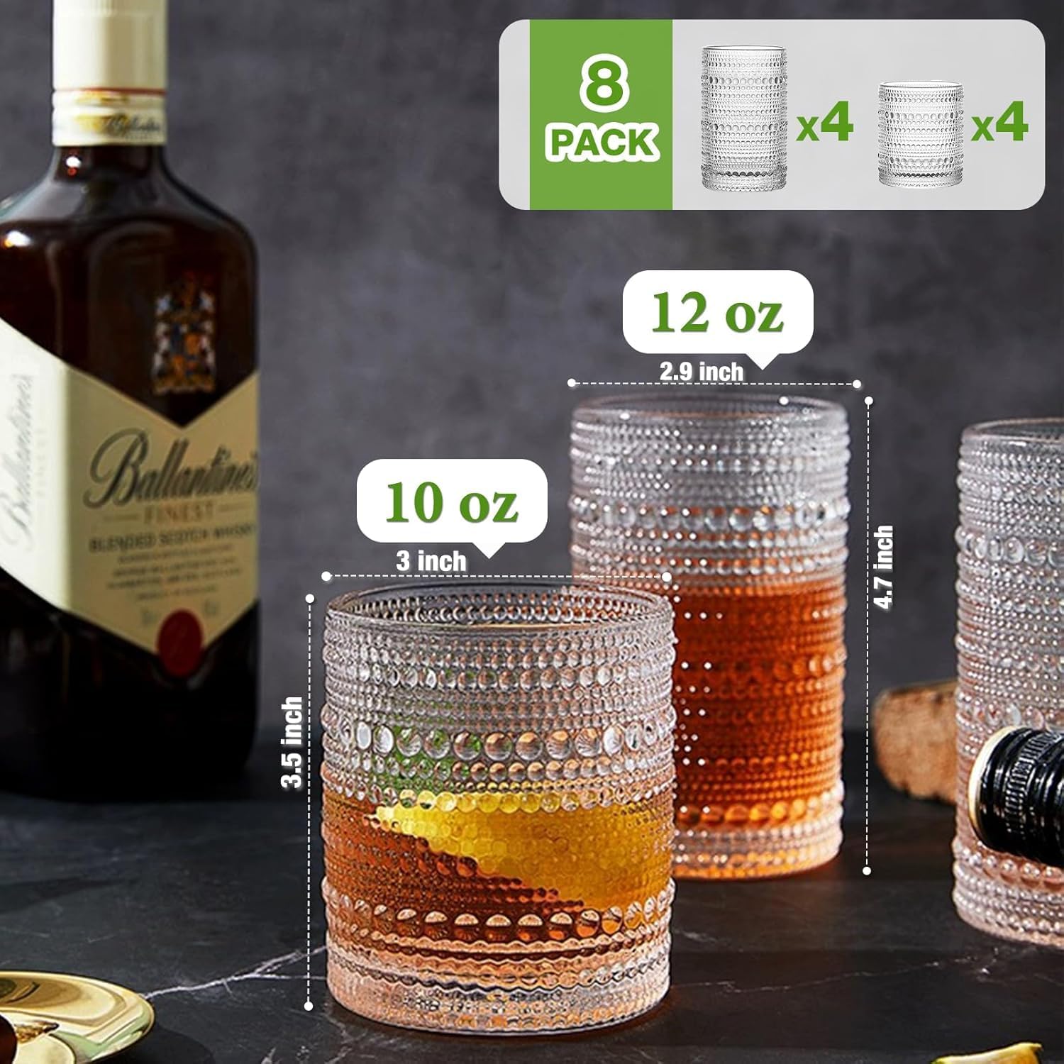 Multi-purpose Vintage Hobnail Drinking Glasses Set ( 8 exquisite water glasses: 4 pcs 12 oz water glass cups & 4 pcs 10 oz cocktail glasses )