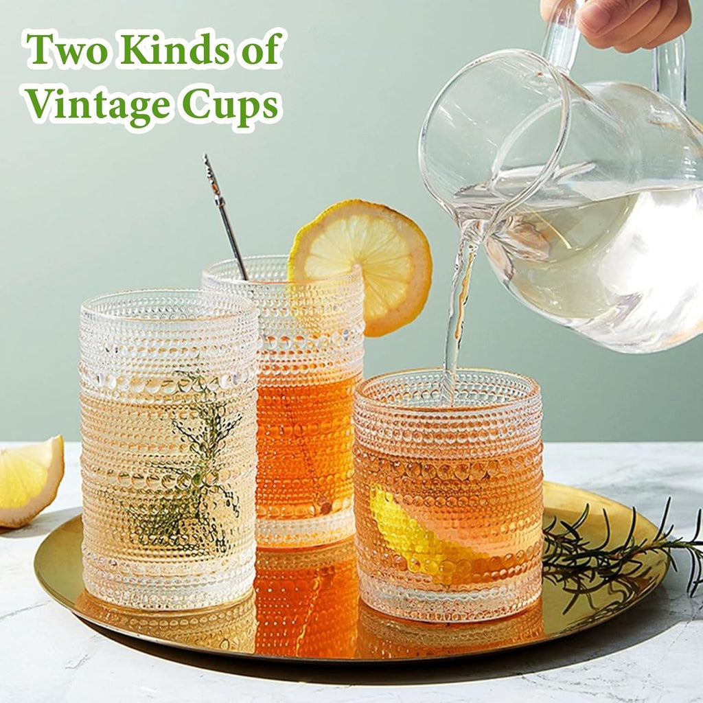 Multi-purpose Vintage Hobnail Drinking Glasses Set ( 8 exquisite water glasses: 4 pcs 12 oz water glass cups & 4 pcs 10 oz cocktail glasses )