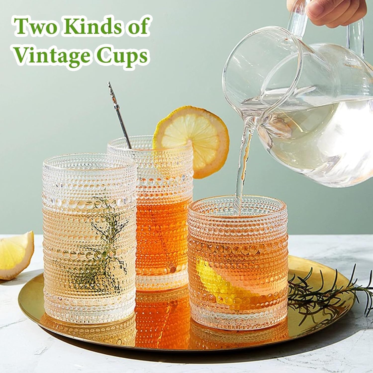 Multi-purpose Vintage Hobnail Drinking Glasses Set ( 8 exquisite water glasses: 4 pcs 12 oz water glass cups & 4 pcs 10 oz cocktail glasses )