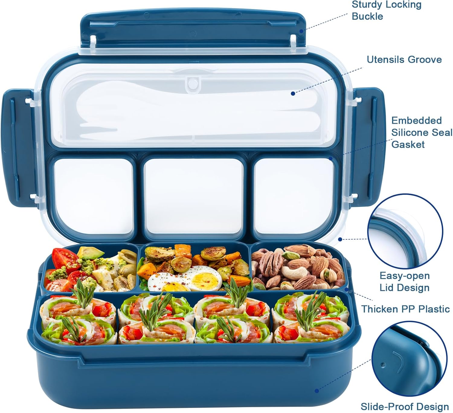 Lunch Box Containers with 4 Compartments, Lunchable Food Container with Utensils, Sauce Jar, Muffin Liners, 40 Oz/5 Cup