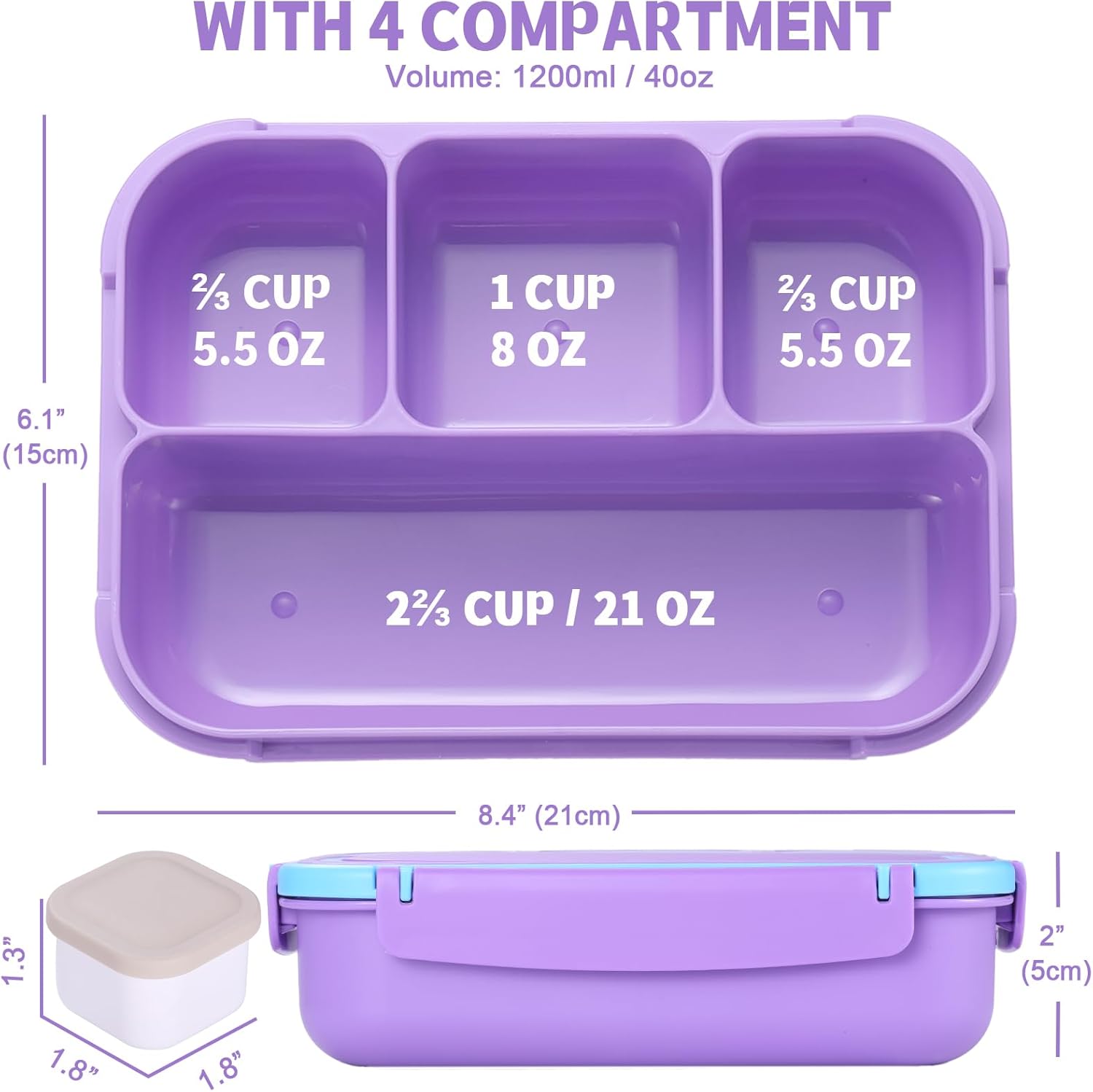 Lunch Box Containers with 4 Compartments, Lunchable Food Container with Utensils, Sauce Jar, Muffin Liners, 40 Oz/5 Cup
