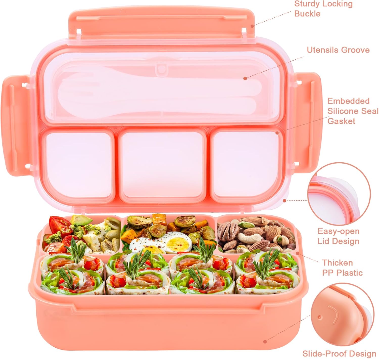 Lunch Box Containers with 4 Compartments, Lunchable Food Container with Utensils, Sauce Jar, Muffin Liners, 40 Oz/5 Cup