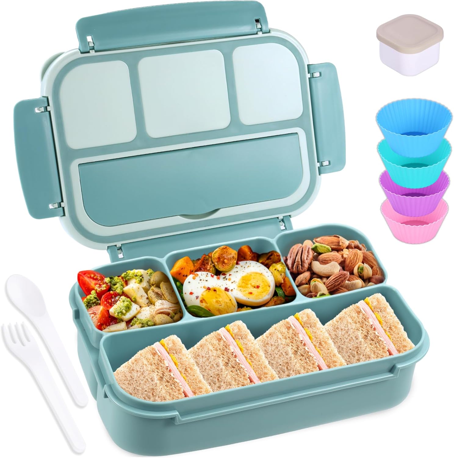 Lunch Box Containers with 4 Compartments, Lunchable Food Container with Utensils, Sauce Jar, Muffin Liners, 40 Oz/5 Cup