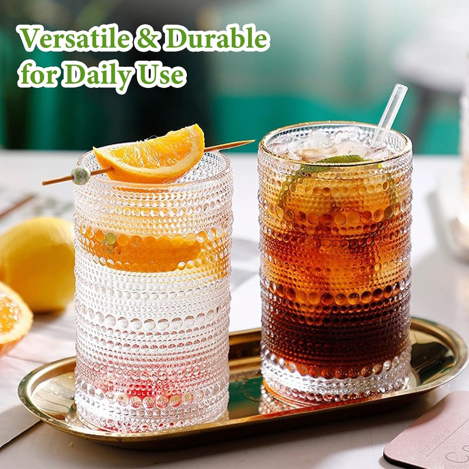 Multi-purpose Vintage Hobnail Drinking Glasses Set ( 8 exquisite water glasses: 4 pcs 12 oz water glass cups & 4 pcs 10 oz cocktail glasses )