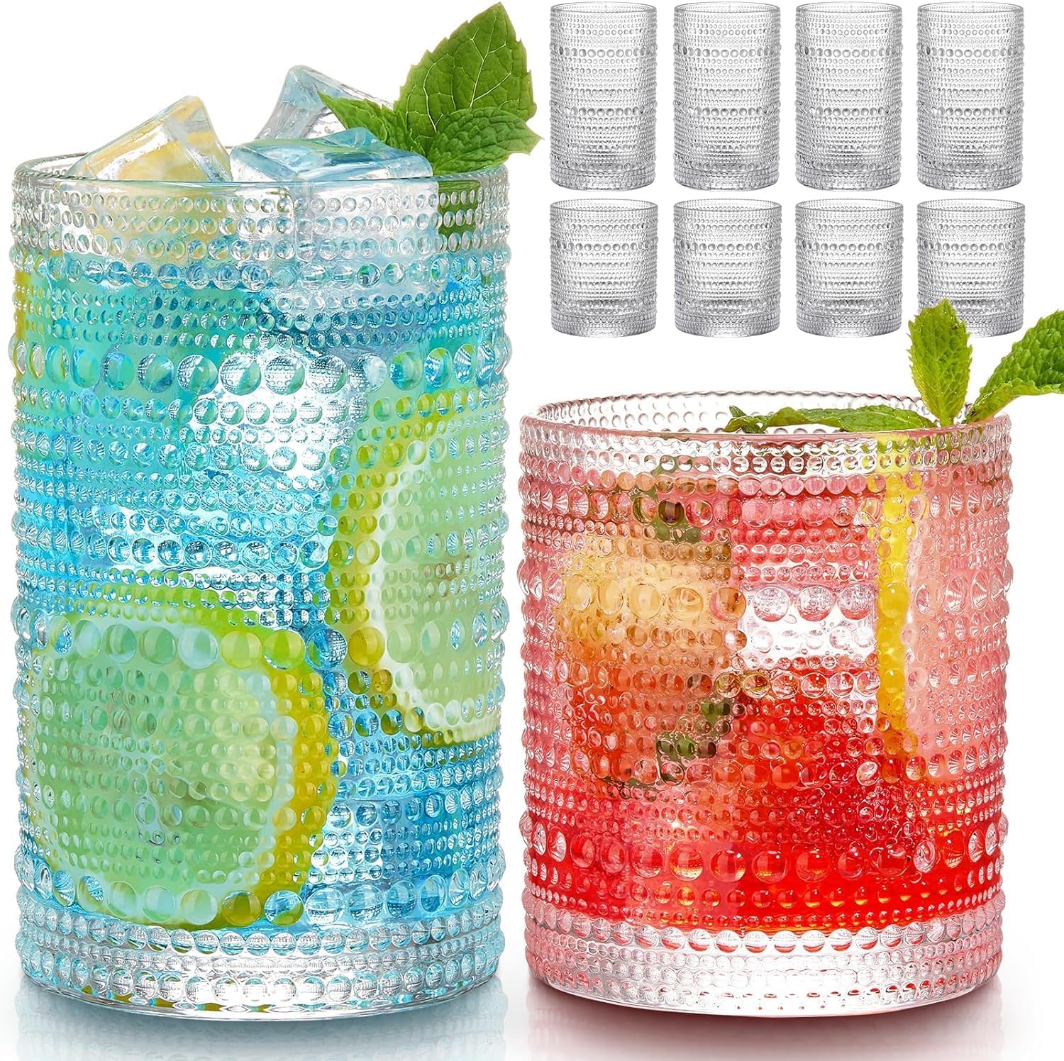 Multi-purpose Vintage Hobnail Drinking Glasses Set ( 8 exquisite water glasses: 4 pcs 12 oz water glass cups & 4 pcs 10 oz cocktail glasses )
